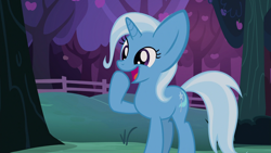 Size: 1280x720 | Tagged: safe, derpibooru import, edit, edited screencap, screencap, trixie, pony, unicorn, season 7, uncommon bond, big ears, cute, diatrixes, ears, female, happy, hoof over mouth, mare, missing accessory, open mouth, raised hoof, raised leg, random, silly, solo, tree