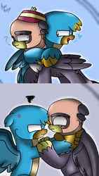 Size: 1357x2401 | Tagged: safe, artist:beesmeliss, derpibooru import, gallus, grampa gruff, griffon, chibi, hug