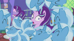Size: 650x365 | Tagged: safe, derpibooru import, edit, edited screencap, screencap, starlight glimmer, trixie, pony, unicorn, all bottled up, duo focus, duplication, eyes closed, kitchen, looking at someone, random, shocked, shocked expression, smiling, teacup poodle, trixie army, weird