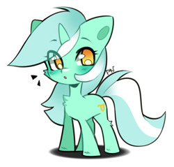 Size: 1443x1377 | Tagged: safe, artist:pledus, derpibooru import, lyra heartstrings, pony, unicorn, chest fluff, chibi, eye clipping through hair, eyebrows, eyebrows visible through hair, looking at you, open mouth, signature, simple background, solo, white background