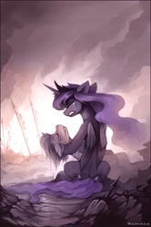 Size: 1323x1996 | Tagged: safe, artist:ramiras, derpibooru import, princess luna, alicorn, pony, fanfic:lunangrad, battlefield, crying, ethereal mane, fanfic art, female, holding a pony, mare, sad