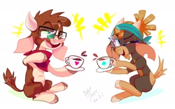 Size: 1920x1200 | Tagged: safe, artist:jully-park, derpibooru import, arizona cow, shanty goat, cow, goat, them's fightin' herds, community related, cup, digital art, duo, duo female, female, full body, glasses, horn, looking at each other, looking at someone, simple background, sitting, smiling, smiling at each other, teacup