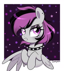 Size: 2000x2200 | Tagged: safe, artist:darkynez, derpibooru import, oc, oc only, pegasus, pony, angry, choker, ear piercing, earring, grimace, jewelry, looking at you, piercing, solo, spiked choker, spread wings, wings