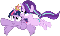 Size: 686x414 | Tagged: artist needed, safe, derpibooru import, edit, editor:incredibubbleirishguy, starlight glimmer, twilight sparkle, alicorn, unicorn, big crown thingy, carrying, crown, element of magic, female, flying, holding on, jewelry, regalia, simple background, transparent background