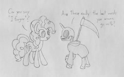 Size: 1600x1000 | Tagged: safe, artist:datspaniard, derpibooru import, pinkie pie, earth pony, pony, bone, female, grim reaper, i forgor, mare, monochrome, scythe, skeleton, skull, traditional art