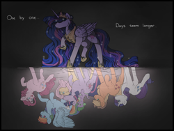 Size: 1280x960 | Tagged: safe, artist:binibean, derpibooru import, applejack, fluttershy, pinkie pie, princess twilight 2.0, rainbow dash, rarity, spike, twilight sparkle, twilight sparkle (alicorn), unicorn twilight, alicorn, dragon, earth pony, pegasus, pony, unicorn, eyes closed, female, immortality blues, male, mane seven, mane six, mare, older, older twilight, reflection, riding, sad, spike riding twilight, text, walking