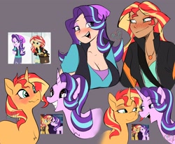 Size: 4096x3378 | Tagged: safe, artist:ecstasydemon, derpibooru import, screencap, starlight glimmer, sunset shimmer, human, pony, unicorn, equestria girls, bedroom eyes, blushing, breasts, cleavage, clothes, duo, female, freckles, heart, heart eyes, humanized, lesbian, lidded eyes, looking at each other, looking at someone, open mouth, shimmerglimmer, shipping, smiling, smirk, wingding eyes