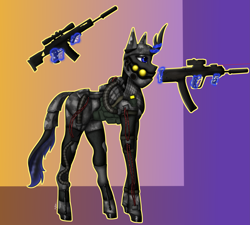 Size: 3665x3304 | Tagged: safe, derpibooru import, oc, oc only, oc:emmily, kirin, armor, gradient background, gun, handgun, simple background, solo, weapon