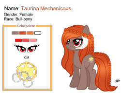 Size: 2693x2054 | Tagged: safe, artist:princessmoonsilver, derpibooru import, oc, oc only, oc:taurina mechanicous, braid, cutie mark, horns, reference sheet, simple background, solo, transparent background