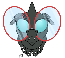 Size: 4500x4000 | Tagged: safe, artist:evan555alpha, oc, oc only, oc:yvette (evan555alpha), changeling, ladybug, evan's daily buggo ii, :c, angry, broach, changeling oc, colored sketch, cute, dorsal fin, ears, fangs, female, floppy ears, frown, glare, glasses, looking at you, looking up, perspective, round glasses, signature, simple background, sitting, sketch, snoofa, solo, transparent background, unamused