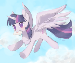 Size: 1301x1080 | Tagged: safe, artist:回忆里的糖, derpibooru import, twilight sparkle, twilight sparkle (alicorn), alicorn, pony, chest fluff, female, flying, letter, mare, solo