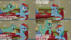 Size: 2000x1125 | Tagged: safe, derpibooru import, edit, edited screencap, editor:quoterific, screencap, rainbow dash, zephyr breeze, pegasus, pony, flutter brutter, annoyed, duo, duo male and female, female, flattery, food, frown, irritated, male, mare, open mouth, open smile, rainbow dash is not amused, salad, smiling, stallion, stubble, unamused, upside down