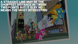 Size: 1920x1080 | Tagged: safe, derpibooru import, edit, edited screencap, editor:quoterific, screencap, blaze, caboose, cherry jubilee, cloudchaser, evening star, full steam, pinkie pie, promontory, party pooped, doctor who, manehattan, the time warrior, third doctor