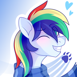 Size: 2500x2500 | Tagged: safe, artist:fluffywhirlpool, derpibooru import, oc, oc only, oc:manti'core, pegasus, pony, blushing, bust, clothes, cute, eye clipping through hair, eyebrows, eyebrows visible through hair, gradient background, green eyes, heart, looking at you, male, multicolored mane, one eye closed, paws, pegasus oc, portrait, scarf, simple background, smiling, smiling at you, solo, stallion, striped scarf, wink, winking at you