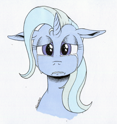 Size: 1202x1280 | Tagged: safe, artist:darkhestur, derpibooru import, trixie, pony, unicorn, bust, crying, depressed, female, looking at you, mare, marker drawing, sad, simple background, solo, the sad and depresive trixie, traditional art