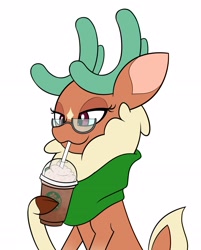 Size: 2368x2945 | Tagged: safe, artist:mrneo, derpibooru import, cashmere (tfh), deer, reindeer, them's fightin' herds, clothes, cloven hooves, community related, drinking, frappuccino, glasses, scarf, simple background, solo, starbucks, white background