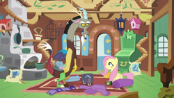 Size: 1280x720 | Tagged: safe, derpibooru import, screencap, discord, fluttershy, draconequus, dungeons and discords, bird house, clothes, discord is not amused, fluttershy's cottage, fluttershy's cottage (interior), mouse hole, scarf, smiling, unamused