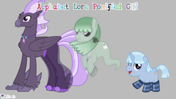 Size: 7111x4000 | Tagged: safe, artist:melisareb, derpibooru import, part of a set, ghost, ghost pony, hippogriff, pony, unicorn, .svg available, 16:9, absurd resolution, alphabet lore, clothes, crossover, floating, g, glowing, glowing eyes, gray background, h, happy, hippogriffied, i, jewelry, looking at you, male, necklace, one eye closed, open mouth, ponified, raised hoof, raised leg, shoes, simple background, socks, species swap, stallion, striped socks, trio, trio male, vector, windswept mane, wings, wink, winking at you