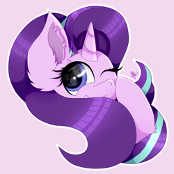 Size: 800x800 | Tagged: safe, artist:kathepart, derpibooru import, starlight glimmer, pony, unicorn, big ears, big eyes, ears, female, looking at you, mare, one eye closed, pink background, signature, simple background, smiling, smiling at you, solo, wink, winking at you