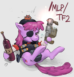 Size: 2265x2352 | Tagged: safe, derpibooru import, berry punch, berryshine, earth pony, pony, /mlp/, /mlp/ tf2 general, alcohol, bubble, butt, clothes, demoman, drunk, drunk bubbles, explosives, eyepatch, female, grenade, hiccup, mare, plot, scrumpy, solo, stickybomb, stickybomb launcher, team fortress 2, text, weapon