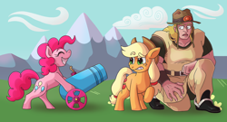 Size: 6500x3500 | Tagged: safe, artist:snail-speed, derpibooru import, applejack, pinkie pie, earth pony, human, pony, applejack's hat, clothes, cowboy hat, crossover, hat, hol horse, human and pony, jojo's bizarre adventure, party cannon, trio