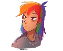 Size: 1080x866 | Tagged: safe, artist:fartyarts, artist:fartyarts_vic, artist:mlp-hearts, derpibooru import, rainbow dash, human, bust, clothes, ear piercing, humanized, industrial piercing, jewelry, necklace, piercing, portrait, shirt, simple background, solo, t-shirt, white background