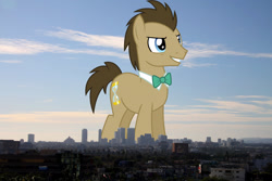 Size: 2048x1365 | Tagged: safe, artist:sketchmcreations, derpibooru import, edit, editor:jaredking779, doctor whooves, earth pony, pony, background pony, bowtie, california, giant doctor whooves, giant pony, giant/macro earth pony, highrise ponies, irl, los angeles, macro, male, mega giant, photo, ponies in real life, solo, stallion, story included