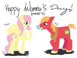 Size: 800x600 | Tagged: safe, anonymous artist, artist:swirlwysketch, derpibooru import, big macintosh, fluttershy, earth pony, pegasus, pony, big macintosh's yoke, blushing, duo, duo male and female, female, flower, flower in mouth, fluttermac, horse collar, international women's day, looking at each other, looking at someone, male, mare, mouth hold, remake, shipping, simple background, smiling, smiling at each other, stallion, straight, text, transparent background, women's day