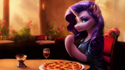 Size: 2658x1504 | Tagged: safe, derpibooru import, generator:stable diffusion, machine learning assisted, rarity, semi-anthro, unicorn, alcohol, clothes, food, glass, pizza, restaurant, solo, wallpaper, wine, wine glass