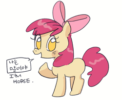 Size: 983x805 | Tagged: safe, artist:ruku631, derpibooru import, apple bloom, earth pony, pony, blank flank, blushing, captain obvious, female, filly, foal, korean, looking at you, no pupils, raised hoof, raised leg, simple background, solo, speech bubble, text, white background