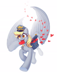 Size: 2048x2609 | Tagged: safe, artist:amishy, derpibooru import, derpy hooves, pegasus, pony, bag, cap, cute, derpabetes, female, hat, heart, holiday, large wings, mailbag, mailmare, mare, mouth hold, saddle bag, simple background, solo, valentine, valentine's day, white background, wings