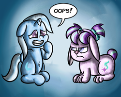 Size: 3000x2400 | Tagged: safe, artist:saburodaimando, derpibooru import, starlight glimmer, trixie, pony, rabbit, unicorn, animal, female, filly, filly trixie, foal, nervous, species swap, starlight glimmer is not amused, unamused, younger