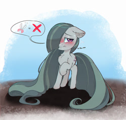 Size: 1200x1142 | Tagged: safe, artist:inkypuso, derpibooru import, marble pie, earth pony, pony, blushing, chest fluff, cute, ears, emanata, female, floppy ears, frown, hair over one eye, long mane, long tail, marblebetes, mare, pictogram, plewds, solo, sweat, tail