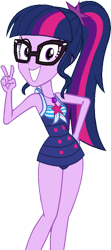 Size: 439x990 | Tagged: safe, artist:homersimpson1983, derpibooru import, edit, edited screencap, screencap, sci-twi, twilight sparkle, better together, equestria girls, forgotten friendship, background removed, bare shoulders, clothes, female, looking at you, not a vector, one-piece swimsuit, peace sign, sci-twi swimsuit, simple background, sleeveless, solo, swimsuit, transparent background