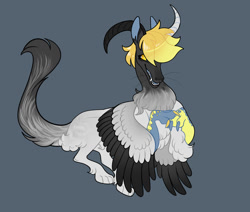 Size: 1024x867 | Tagged: safe, artist:loryska, derpibooru import, oc, draconequus, gray background, offspring, parent:derpy hooves, parent:discord, simple background, solo