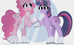 Size: 1590x986 | Tagged: dead source, safe, artist:strawberry_sean, derpibooru import, pinkie pie, twilight sparkle, pony, clothes, duo, female, ice skates, lesbian, scarf, shipping, skates, striped scarf, twinkie