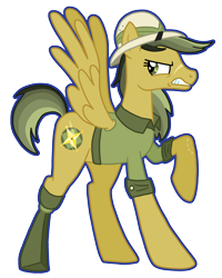 Size: 1683x2100 | Tagged: safe, artist:queertrixie, derpibooru import, daring do, pegasus, pony, amputee, clothes, female, hat, mare, outline, prosthetic limb, prosthetics, raised hoof, raised leg, redesign, scar, simple background, solo, transparent background