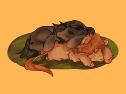 Size: 2048x1520 | Tagged: safe, artist:innoowl, derpibooru import, pony, bilbo baggins, crossover, crossover shipping, cuddling, duo, gay, lord of the rings, lying down, male, orange background, ponified, prone, shipping, simple background, sleeping, species swap, thorin oakenshield