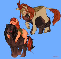 Size: 2048x1986 | Tagged: safe, artist:innoowl, derpibooru import, earth pony, kirin, pony, bilbo baggins, blue background, crossover, crossover shipping, duo, gay, kirin-ified, kirins riding ponies, lord of the rings, male, ponies riding ponies, ponified, riding, riding a pony, shipping, simple background, species swap, thorin oakenshield