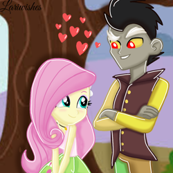 Size: 1000x1000 | Tagged: safe, artist:mlplary6, derpibooru import, discord, fluttershy, human, equestria girls, base used, blushing, discoshy, equestria girls-ified, female, heart, looking at each other, looking at someone, love, male, shipping, signature, smiling, smiling at each other, story included, straight, tree, younger