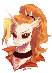 Size: 2296x3224 | Tagged: safe, artist:maren, derpibooru import, oc, oc only, oc:dyx, alicorn, pony, black sclera, bust, choker, cigarette, female, looking at you, mare, not daybreaker, simple background, smoking, white background