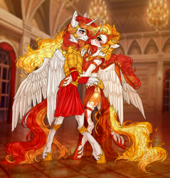 Size: 2100x2200 | Tagged: safe, derpibooru import, daybreaker, nightmare star, princess celestia, oc, oc:king phoenix, alicorn, anthro, alicorn oc, armor, armor skirt, candle, canon x oc, castle, clothes, dancing, dress, female, hall, hooves, horn, hug, legs, light, looking at each other, looking at someone, love, male, skirt, straight, waltz, window, wings
