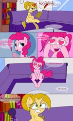 Size: 3000x5000 | Tagged: safe, artist:bestponies, derpibooru import, pinkie pie, oc, oc:double time, earth pony, pony, unicorn, book, bookshelf, clock, comic, cutie mark theft, dialogue, glasses, glimmer prey, heart, heart eyes, horn, imminent vore, implied berry punch, implied nurse redheart, implied starlight glimmer, implied vore, magic, multiple cutie marks, open mouth, pinkie pred, scared, sitting, sofa, unicorn oc, window, wingding eyes