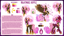 Size: 1612x900 | Tagged: safe, artist:jennieoo, derpibooru import, oc, oc:nightmare hopple, alicorn, pony, angry, bio, cutie mark, dark magic, evil laugh, fangs, glowing, glowing eyes, glowing horn, horn, laughing, lightning, magic, reference, reference sheet, show accurate, smiling, smirk, solo, thinking