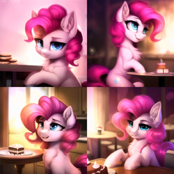 Size: 2560x2560 | Tagged: safe, derpibooru import, generator:novelai, generator:stable diffusion, machine learning generated, pinkie pie, earth pony, pony, chest fluff, cute, ear fluff, ears, female, fluffy, high res, kitchen, looking at you, mare, open mouth, open smile, sitting, smiling, solo