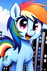 Size: 1152x1728 | Tagged: safe, derpibooru import, generator:novelai, generator:stable diffusion, machine learning generated, rainbow dash, pegasus, pony, female, looking at you, mare, open mouth, open smile, smiling, solo, standing, tail