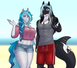 Size: 3733x3300 | Tagged: safe, artist:askbubblelee, derpibooru import, oc, oc only, oc:bubble lee, oc:mako, anthro, digitigrade anthro, orca, orca pony, original species, unicorn, whale, anthro oc, beach, belly button, big breasts, breasts, clothes, couple, digital art, duo, ear piercing, fangs, female, freckles, holding hands, horn, looking at you, makolee, male, mare, oc x oc, off shoulder, piercing, reaching, scar, shipping, shirt, shorts, smiling, stallion, straight, swimming trunks, swimsuit, unicorn oc, water