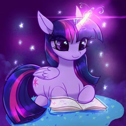 Size: 1884x1884 | Tagged: safe, artist:qwennondeathdie, derpibooru import, twilight sparkle, twilight sparkle (alicorn), alicorn, pony, book, female, folded wings, glowing, glowing horn, horn, magic, magic aura, mare, reading, sitting, solo, wings