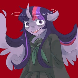 Size: 2048x2048 | Tagged: safe, artist:dmitrymemovznok, derpibooru import, twilight sparkle, twilight sparkle (alicorn), alicorn, anthro, curved horn, female, horn, red background, simple background, solo