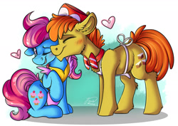 Size: 1920x1358 | Tagged: safe, artist:julunis14, derpibooru import, carrot cake, cup cake, earth pony, pony, apron, blushing, carrot cup, clothes, cute, duo, eyes closed, female, heart, male, mare, married couple, one eye closed, raised hoof, raised leg, shipping, simple background, sitting, snuggling, stallion, straight, white background